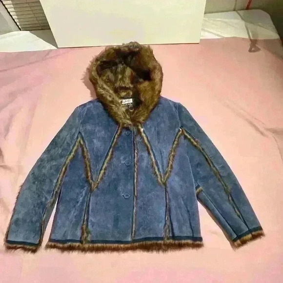 The LOOK Randolph Duke Womens Suede & Faux Fur Blue Fox Jacket Hood Size Large - Picture 11 of 16